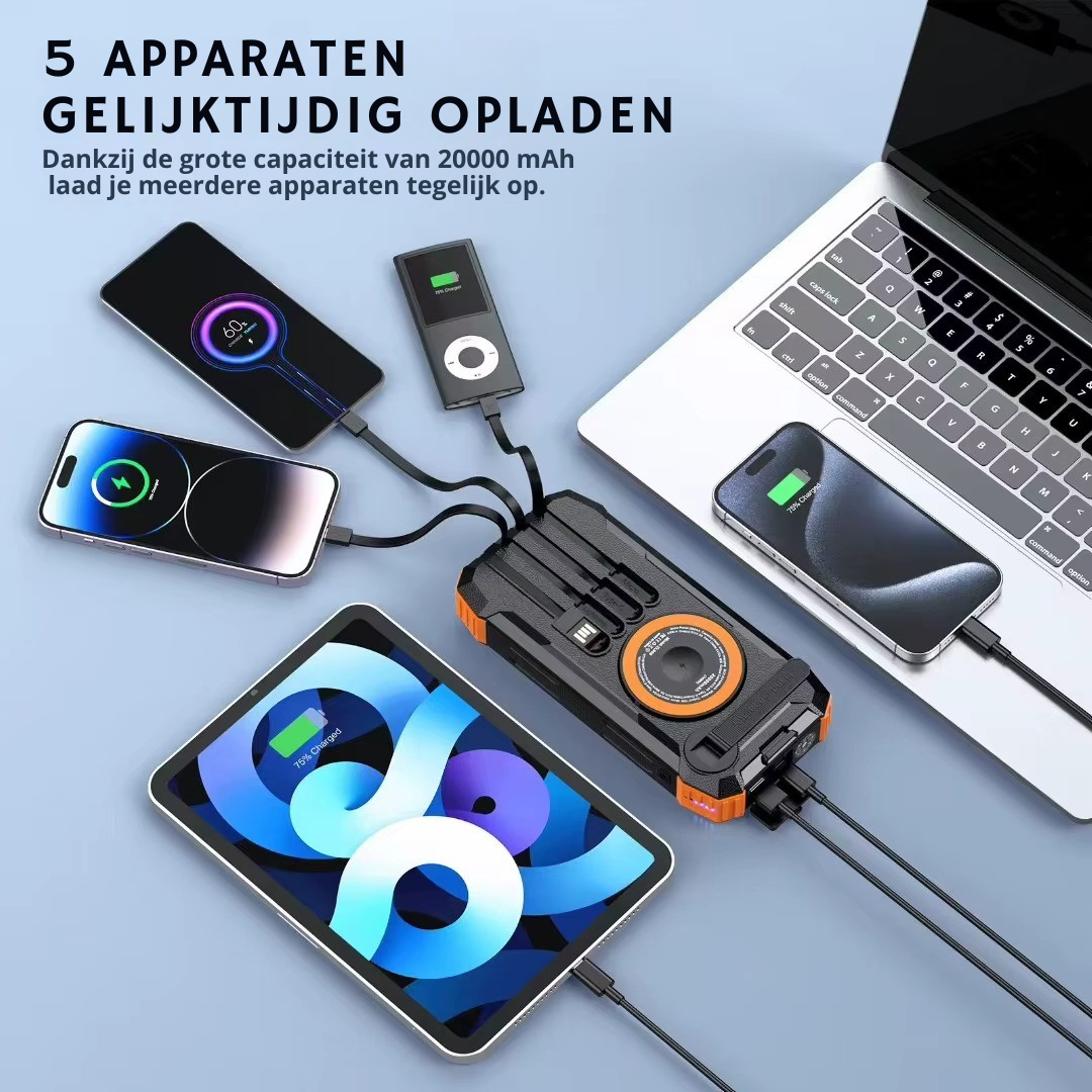 20.000 mAh Powerbank met Zonne-Paneel – met handzwengel & Magsafe Snellader voor iPhone, vliegtuig-proof.