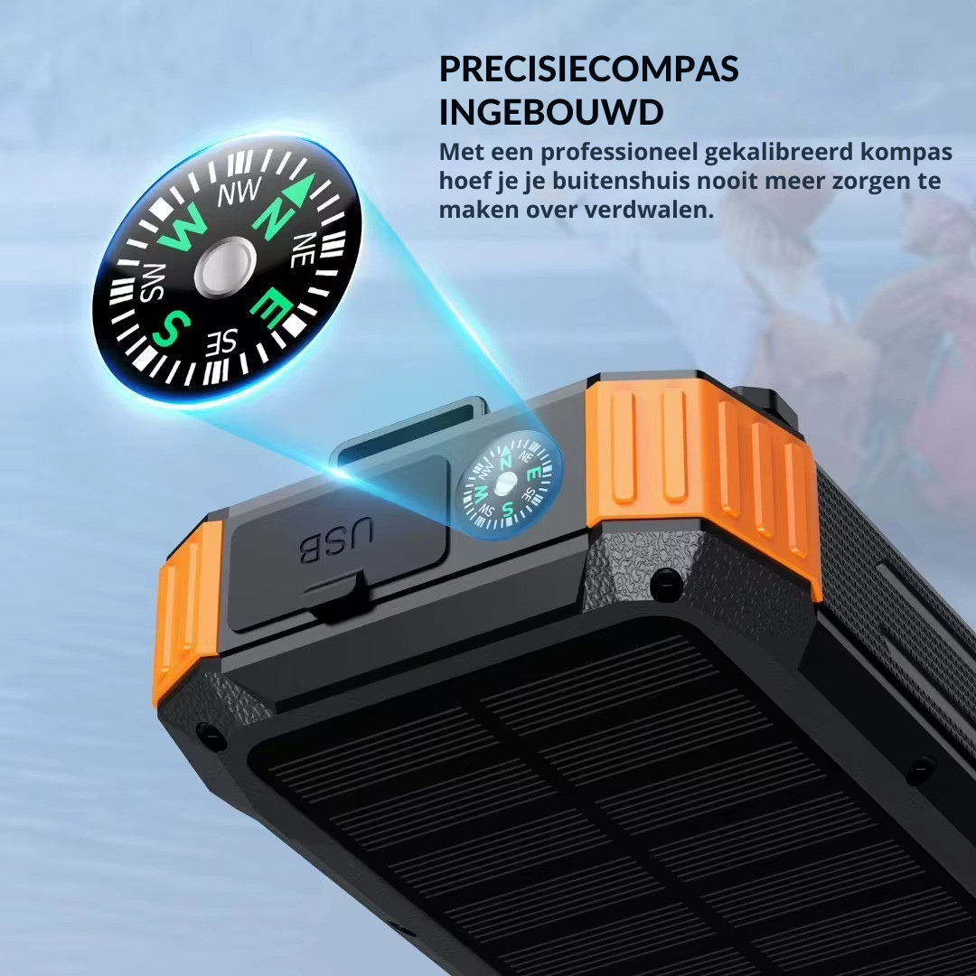 20.000 mAh Powerbank met Zonne-Paneel – met handzwengel & Magsafe Snellader voor iPhone, vliegtuig-proof.